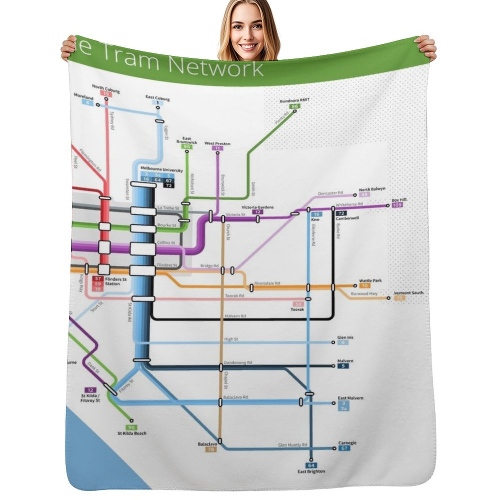 Home Decor Melbourne - Melbourne Tram Network Map Throw Deken